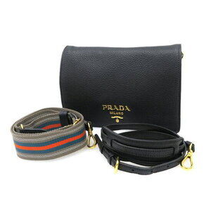 Prada Milano black Vitello Phenix leather flap crossbody bag web stripe strap